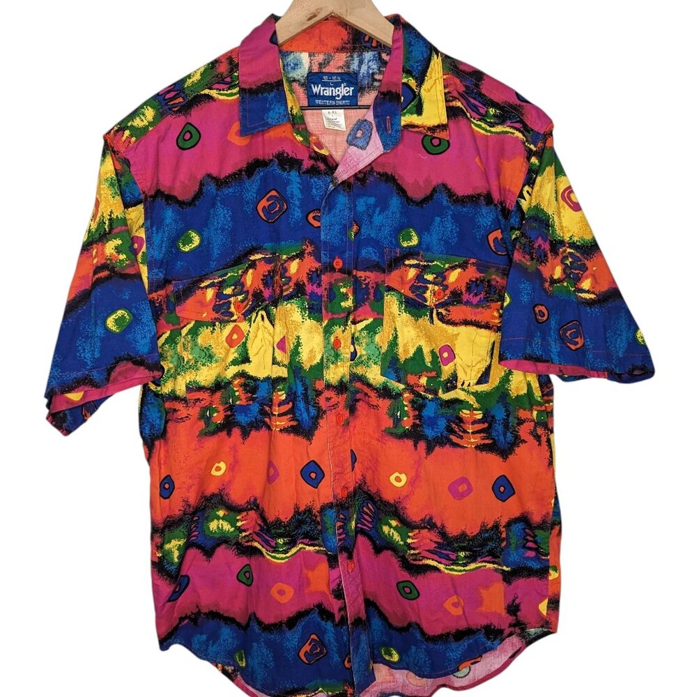 Men's Vintage 90's Wrangler Western Rainbow Tie Dye Colorful Shirt Large